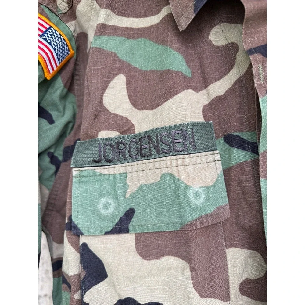 US Army BDU Jacket Woodland Camo Medium Short Rolling Stones Patch Jorgensen